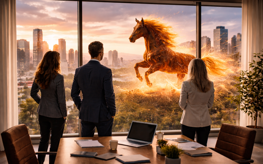 Fire Horse in the sky outside of an office window with office workers looking from inside