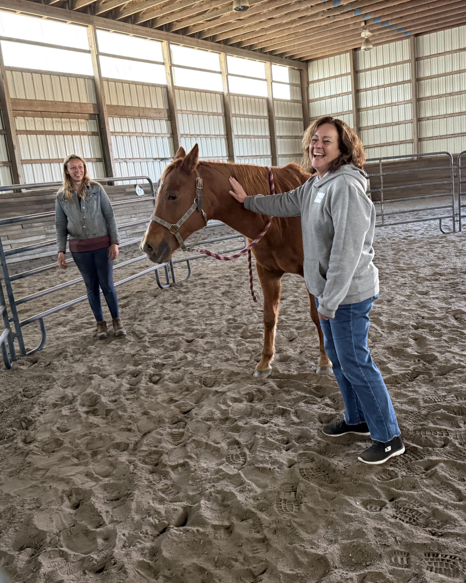 Awoman working in an indoor round pen with a horse